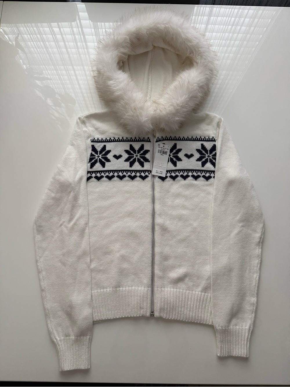 Hollister White Hooded Zip Cardigan with Navy Snowflake Detail